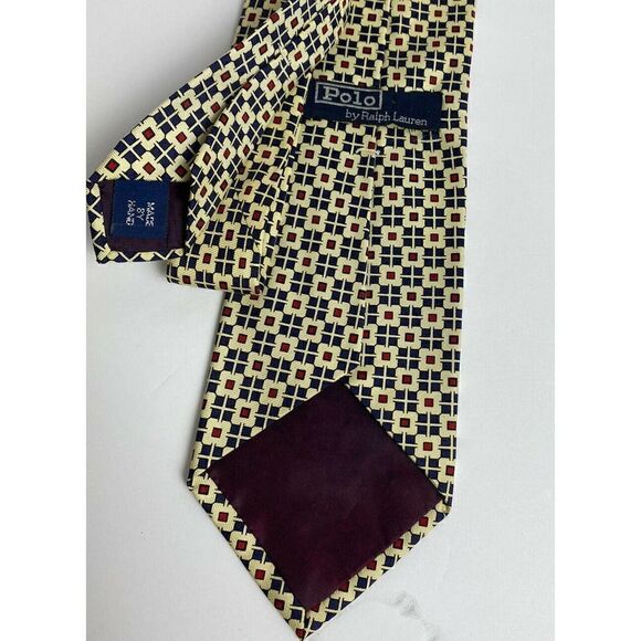Polo Ralph Lauren Tie Yellow Blue Check Boxes Geometric 100% Silk Logo Classic - Picture 7 of 10